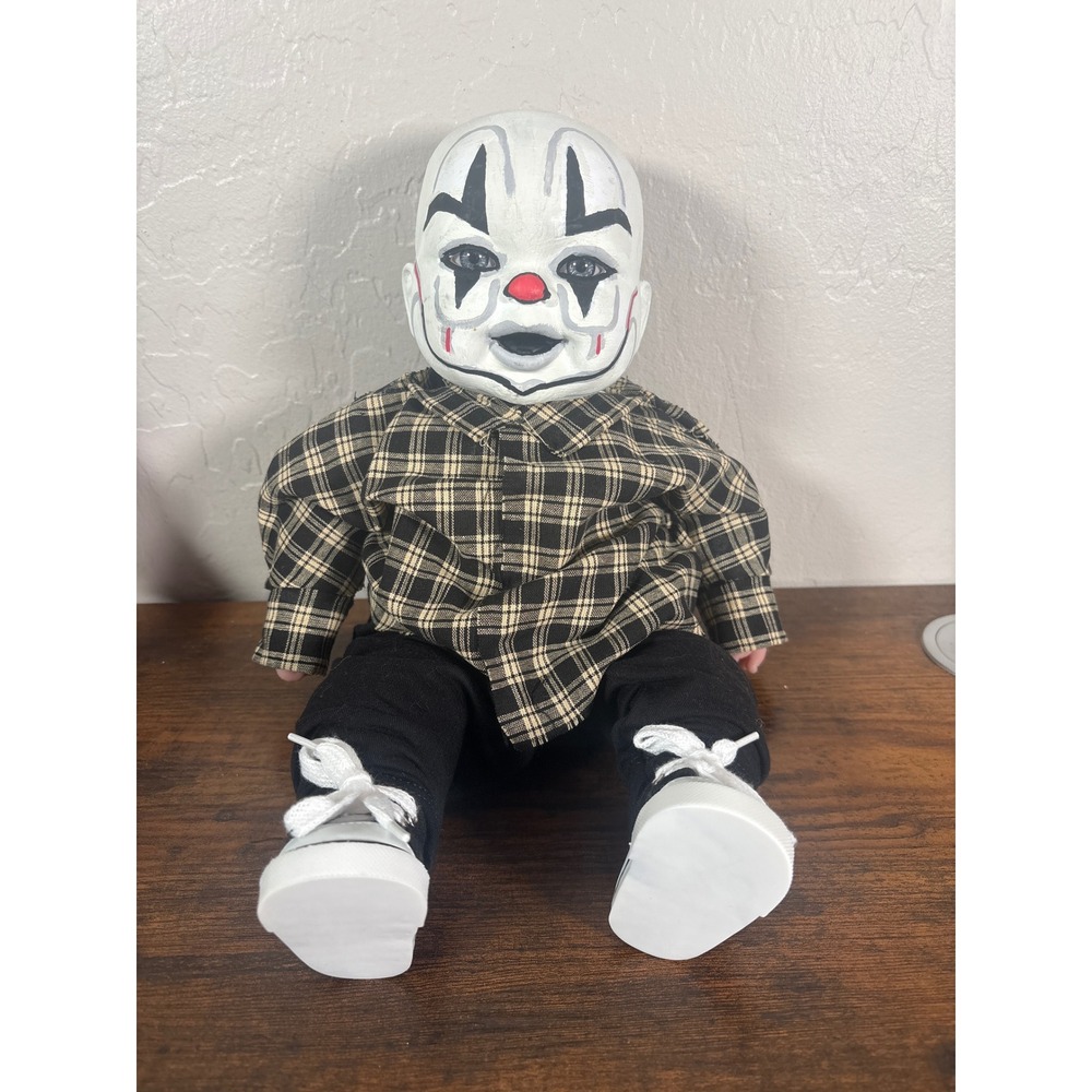Custom Hand Painted Horror Clown Doll Plaid Flannel Streetwear Art Piece 15.5in